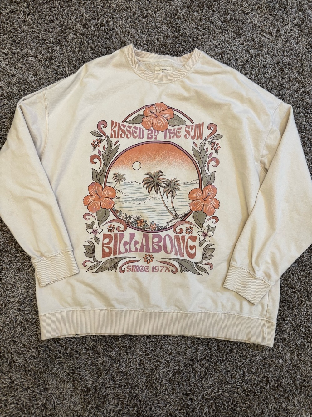 Billabong Cream Crewneck with Peach and Olive Retro Surf Graphic